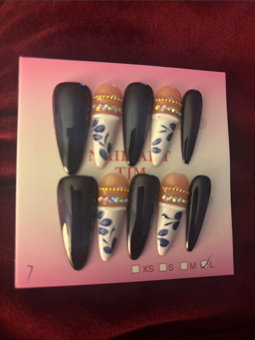 Black and White Floral Stiletto Press-On Nails with Rhinestone Accent